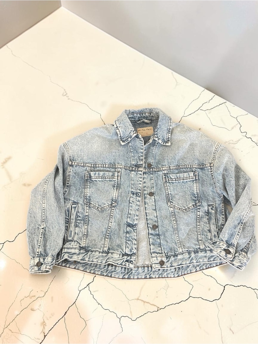 Free People We The Free Acid Wash Denim Jacket XS Oversized Cropped Jean Jacket - Picture 6 of 6